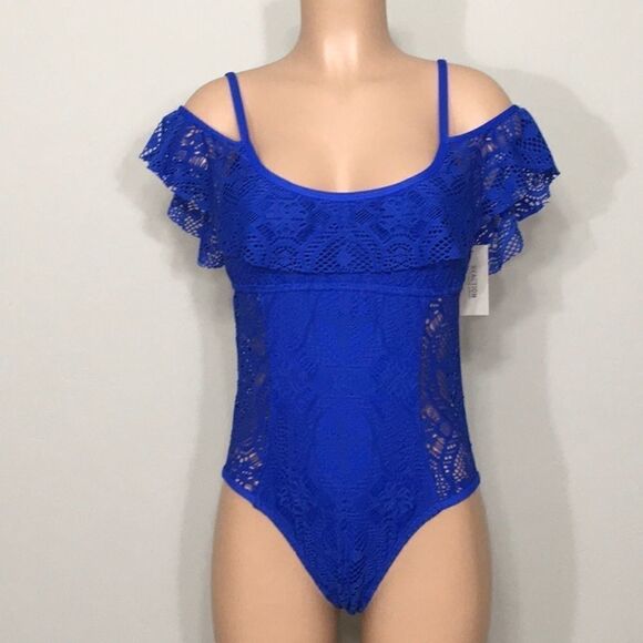 Kenneth Cole Reaction V-Neck Crochet Swim Suit. - Picture 2 of 6